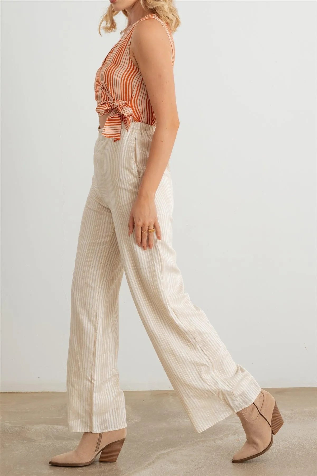 Striped Wrap Tie Neck Sleeveless Cut-Out Front Two Pocket Jumpsuit - Tasha Apparel Wholesale