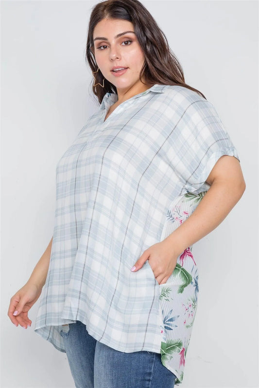Junior Plus Size Denim Grey Combo Plaid Floral Sort Sleeve Top /2-2-2 - Tasha Apparel Wholesale