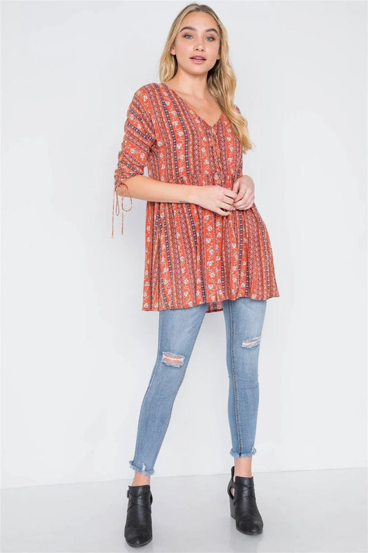 Rust V-Neck 3/4 Sleeve Button-Front Boho Top /2-3-2 - Tasha Apparel Wholesale