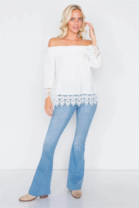 White Cotton Off-The-Shoulder Lace Trim Boho Chic Top /1-1-2-1-1 - Tasha Apparel Wholesale
