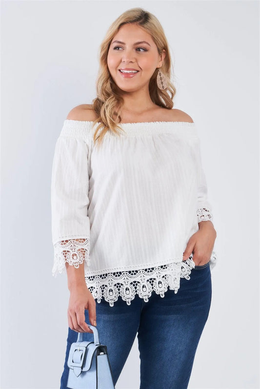 White Cotton Off-The-Shoulder Lace Trim Boho Chic Top - Tasha Apparel Wholesale