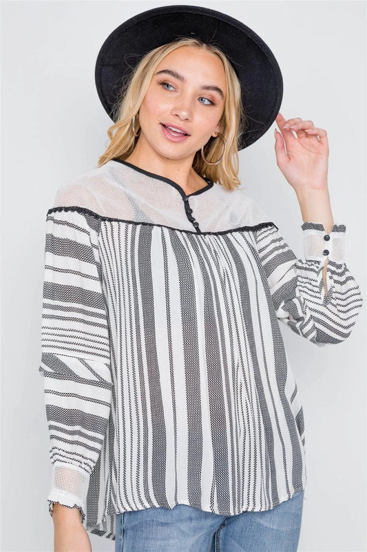 Ivory Stripe Mash Combo Black Top - Tasha Apparel Wholesale