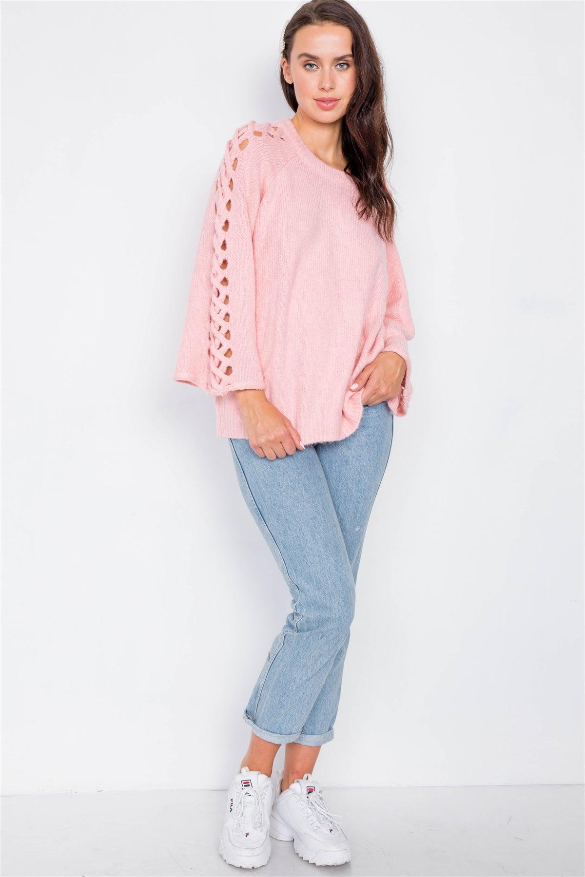 Pink Braided Cut Out Bell Sleeve Sweater /3-3