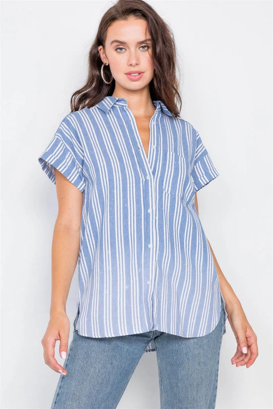Denim Blue Washed Pinstripe Button Down Top / 2-2-2 - Tasha Apparel Wholesale