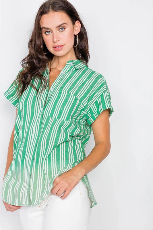 Green Washed Pinstripe Button Down Tie Dye Top/ 1-2-2 - Tasha Apparel Wholesale