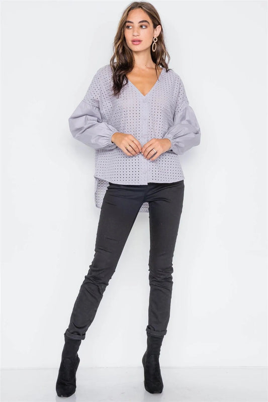 Grey Button Down Eyelet Lace Boho Top / 2-3-3 - Tasha Apparel Wholesale