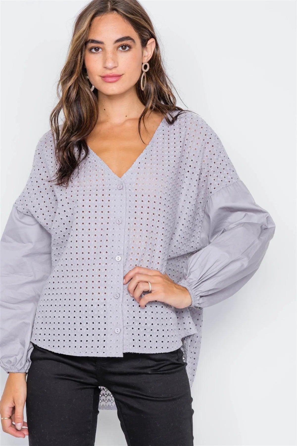 Grey Button Down Eyelet Lace Boho Top - Tasha Apparel Wholesale