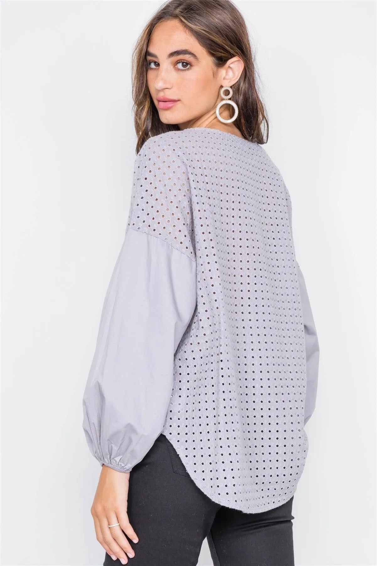 Grey Button Down Eyelet Lace Boho Top - Tasha Apparel Wholesale