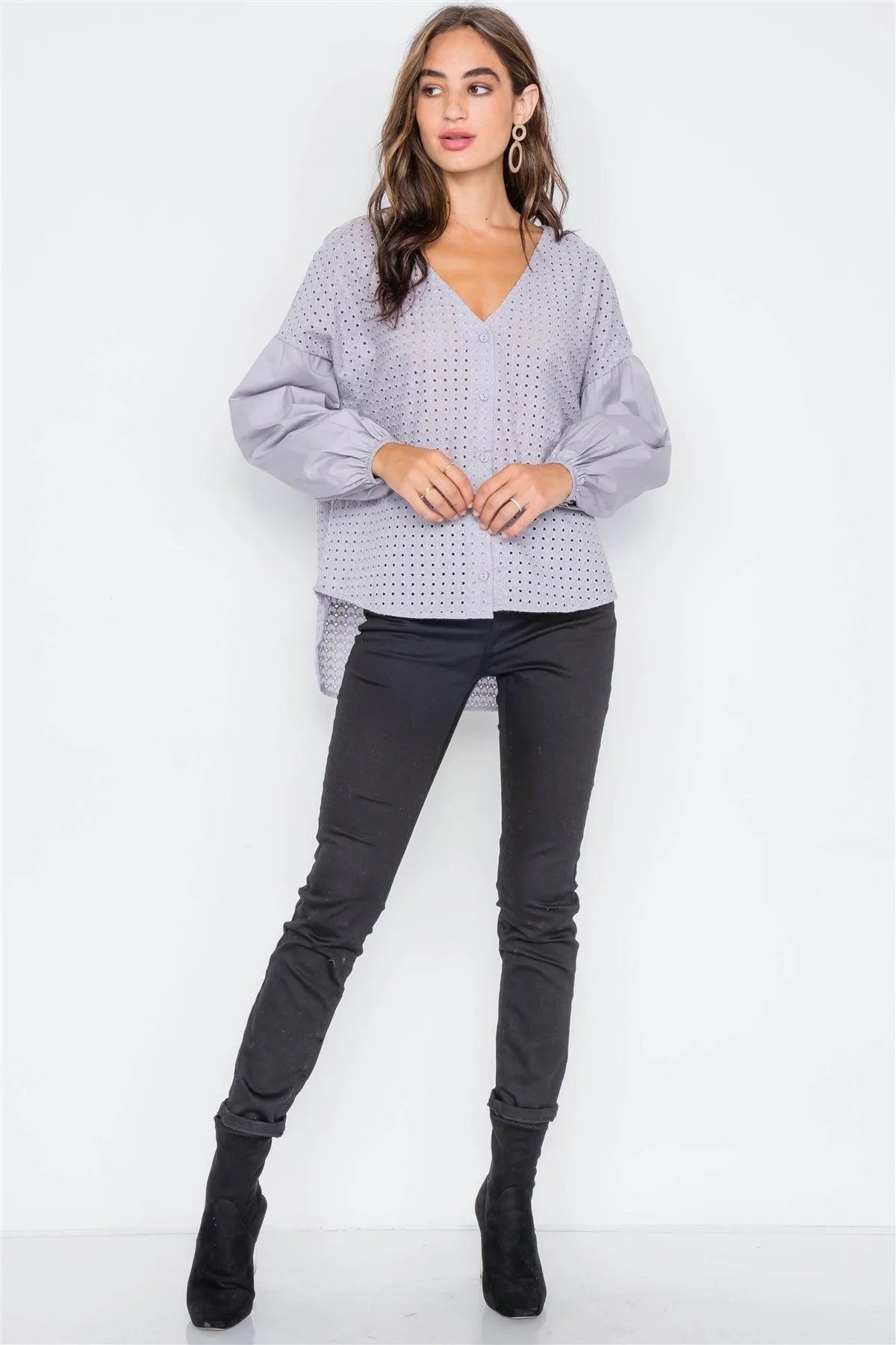 Grey Button Down Eyelet Lace Boho Top - Tasha Apparel Wholesale
