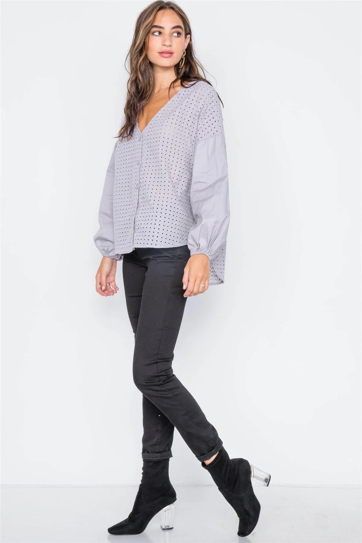 Grey Button Down Eyelet Lace Boho Top - Tasha Apparel Wholesale