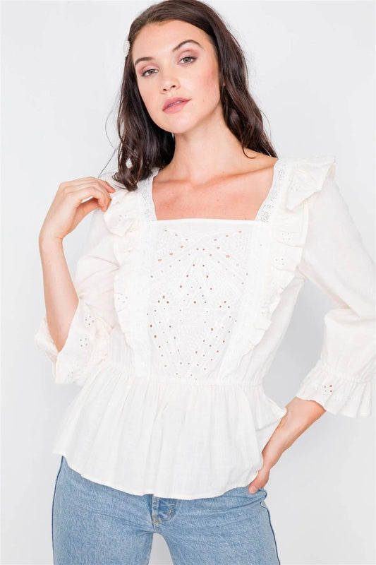 Ivory Aztec Eyelet Flounce Top / 2-2-2 - Tasha Apparel Wholesale