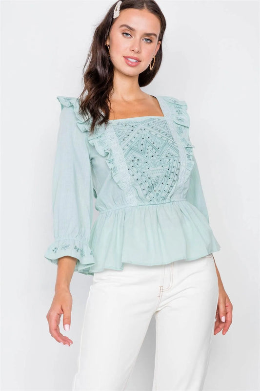 Pastel Mint Aztec Eyelet Flounce Top / 2-2-2 - Tasha Apparel Wholesale