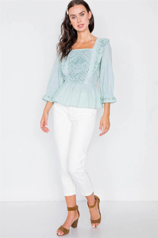 Pastel Mint Aztec Eyelet Flounce Top / 3-2-2 - Tasha Apparel Wholesale