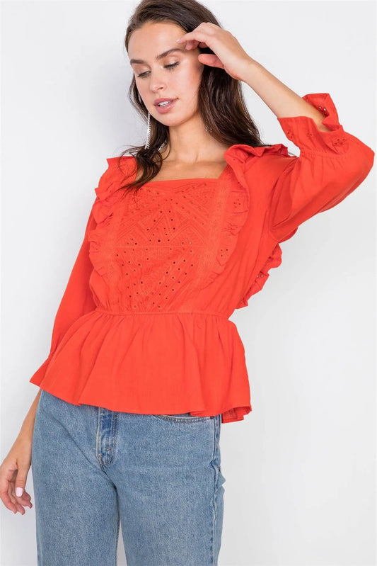 Tangerine Tango Aztec Eyelet Flounce Top / 1-2-2 - Tasha Apparel Wholesale