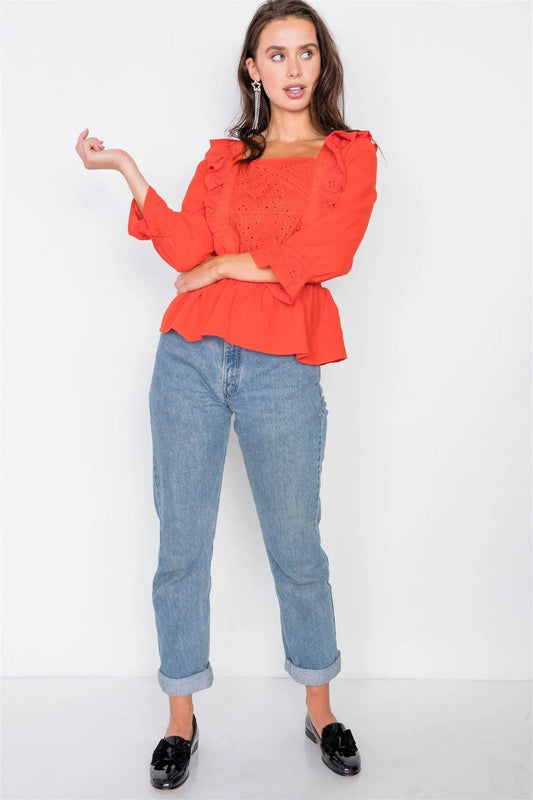 Tangerine Tango Aztec eyelet Flounce Top / 2-2-2 - Tasha Apparel Wholesale