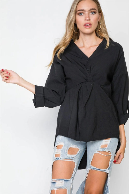 Black Solid Front Twist V-Neck Boho Top - Tasha Apparel Wholesale