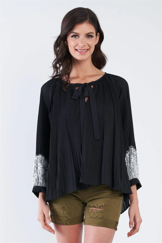 Black Accordion Pleated Lace Trim Top /2-2-2 - Tasha Apparel Wholesale