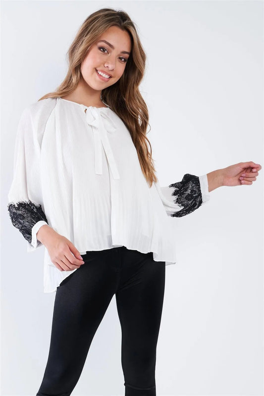 White Accordion Pleated Lace Trim Top /2-2-2 - Tasha Apparel Wholesale