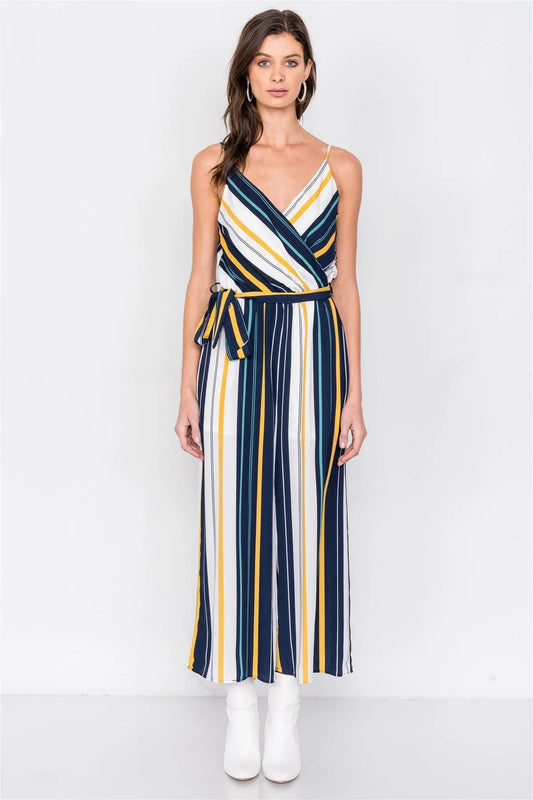 Ivory Navy Multi Stripe Waist Sash V-Neck Jumpsuit /2-2-2 - Tasha Apparel Wholesale