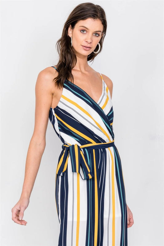Ivory Navy Multi Stripe Waist Sash V-Neck Jumpsuit /2-3-2 - Tasha Apparel Wholesale