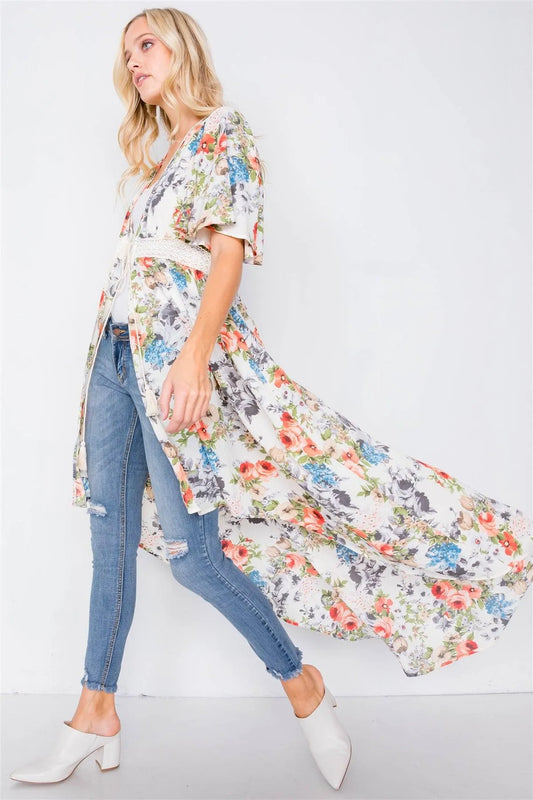 Ivory Rose & Blue Floral Print High-Low Kimono Cover-Up /2-2-2 - Tasha Apparel Wholesale