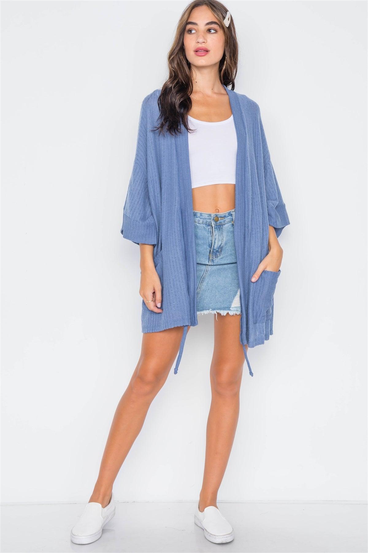Blue Ribbed Soft Open Front Cardigan / 2-2-2