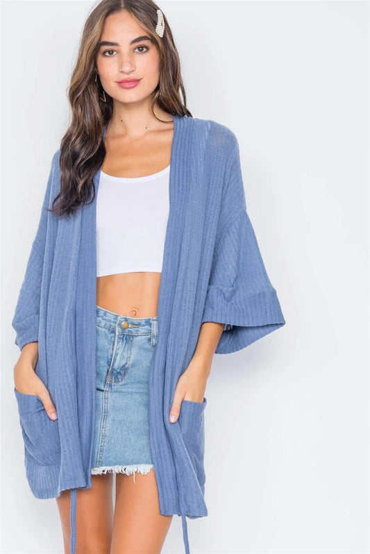 Blue Ribbed Soft Open Front Cardigan - Tasha Apparel Wholesale