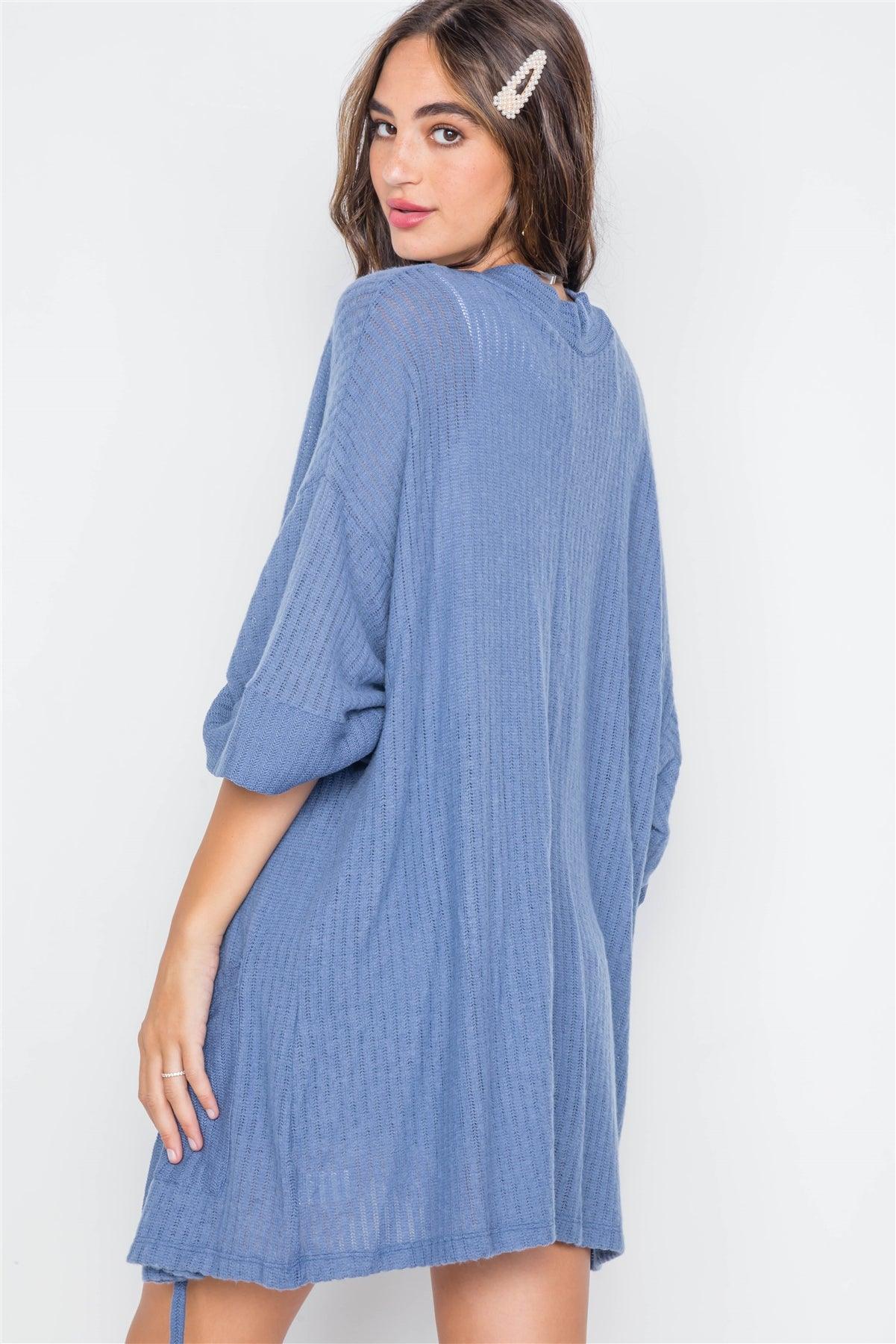 Blue Ribbed Soft Open Front Cardigan