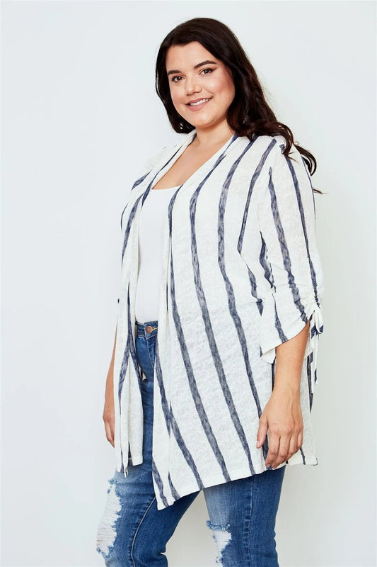 Plus Size Ivory And Navy Stripe Print Open Front Cardigan / 2-2-2 - Tasha Apparel Wholesale