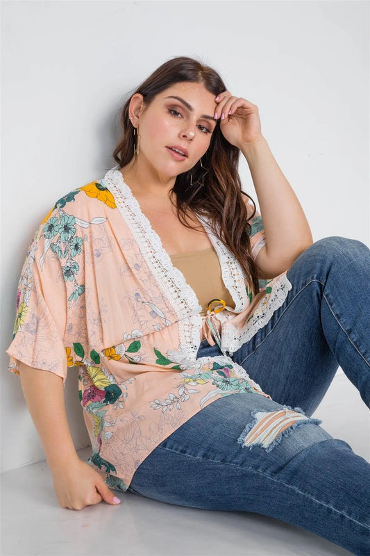 Plus Size Nude Floral Short Sleeve Kimono Cover-Up /1-2-2 - Tasha Apparel Wholesale