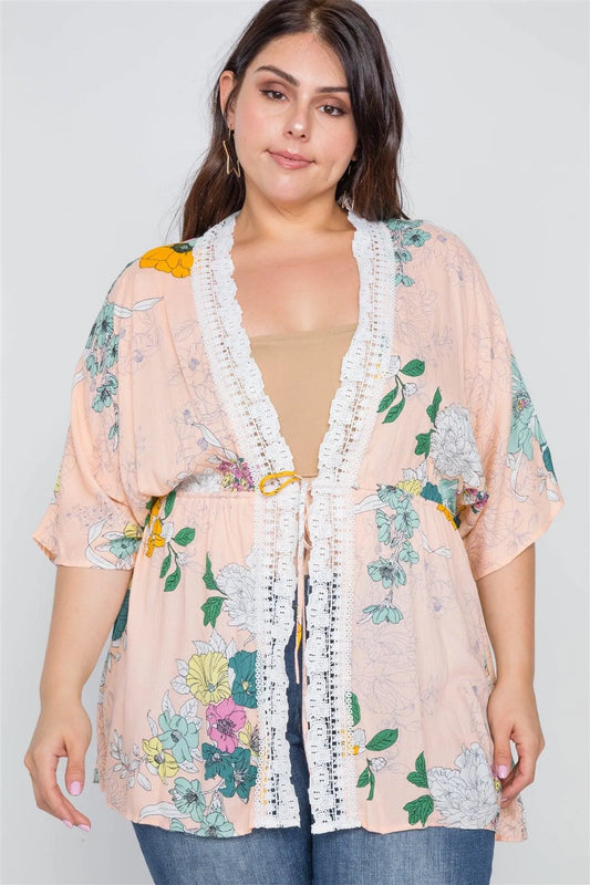 Plus Size Nude Floral Short Sleeve Kimono Cover-Up /2-2-2 - Tasha Apparel Wholesale