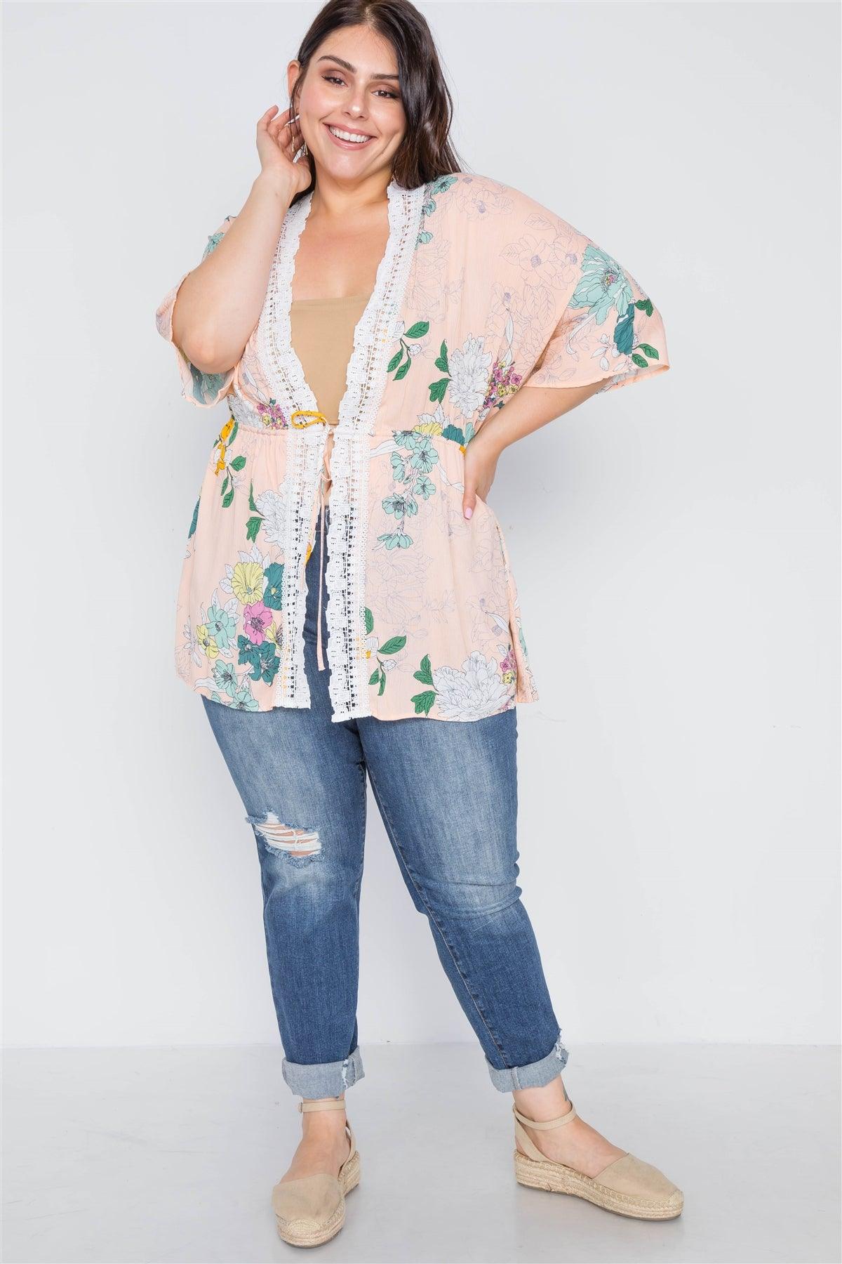 Plus Size Nude Floral Short Sleeve Kimono Cover-Up /2-2-2