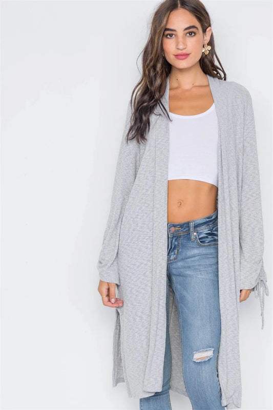 Heather Grey Ribbed Knit Open Front Cardigan / 2-2-2 - Tasha Apparel Wholesale