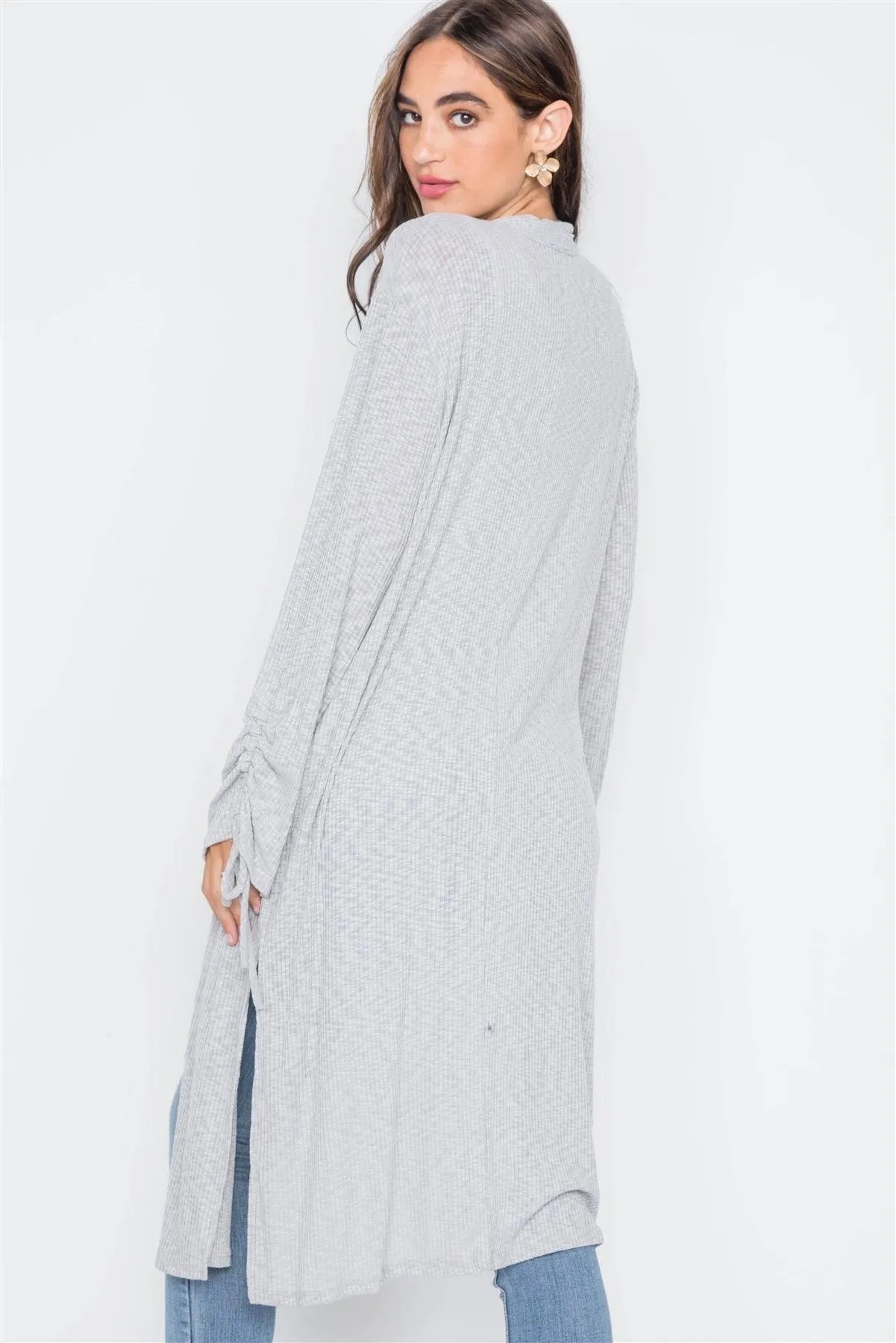 Heather Grey Ribbed Knit Open Front Cardigan / 2-2-2 - Tasha Apparel Wholesale