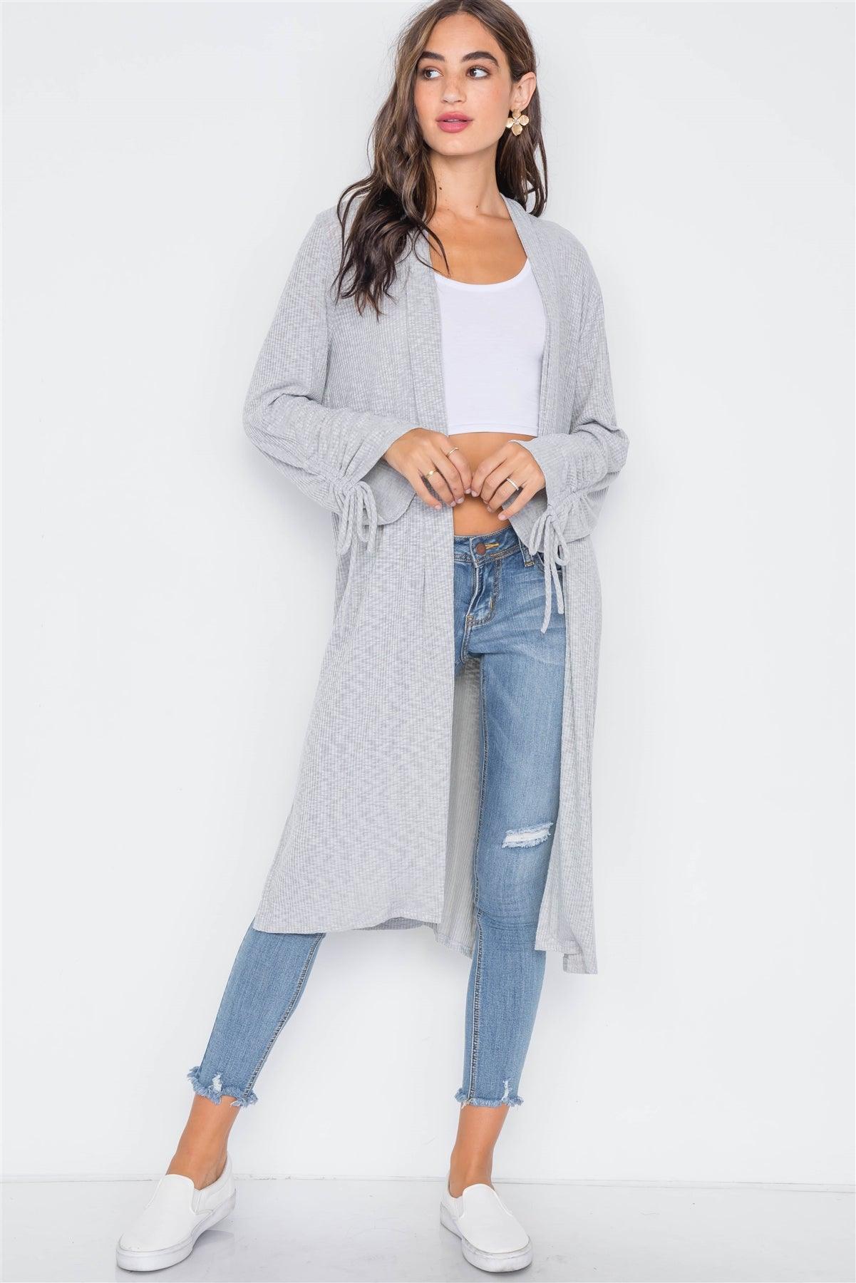Heather Grey Ribbed Knit Open Front Cardigan / 2-2-2