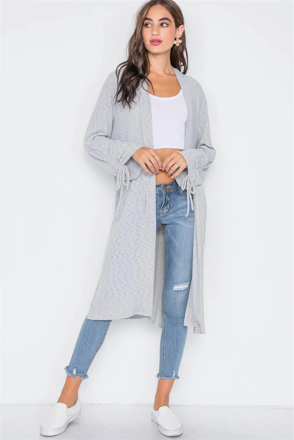 Heather Grey Ribbed Knit Open Front Cardigan / 2-2-2 - Tasha Apparel Wholesale