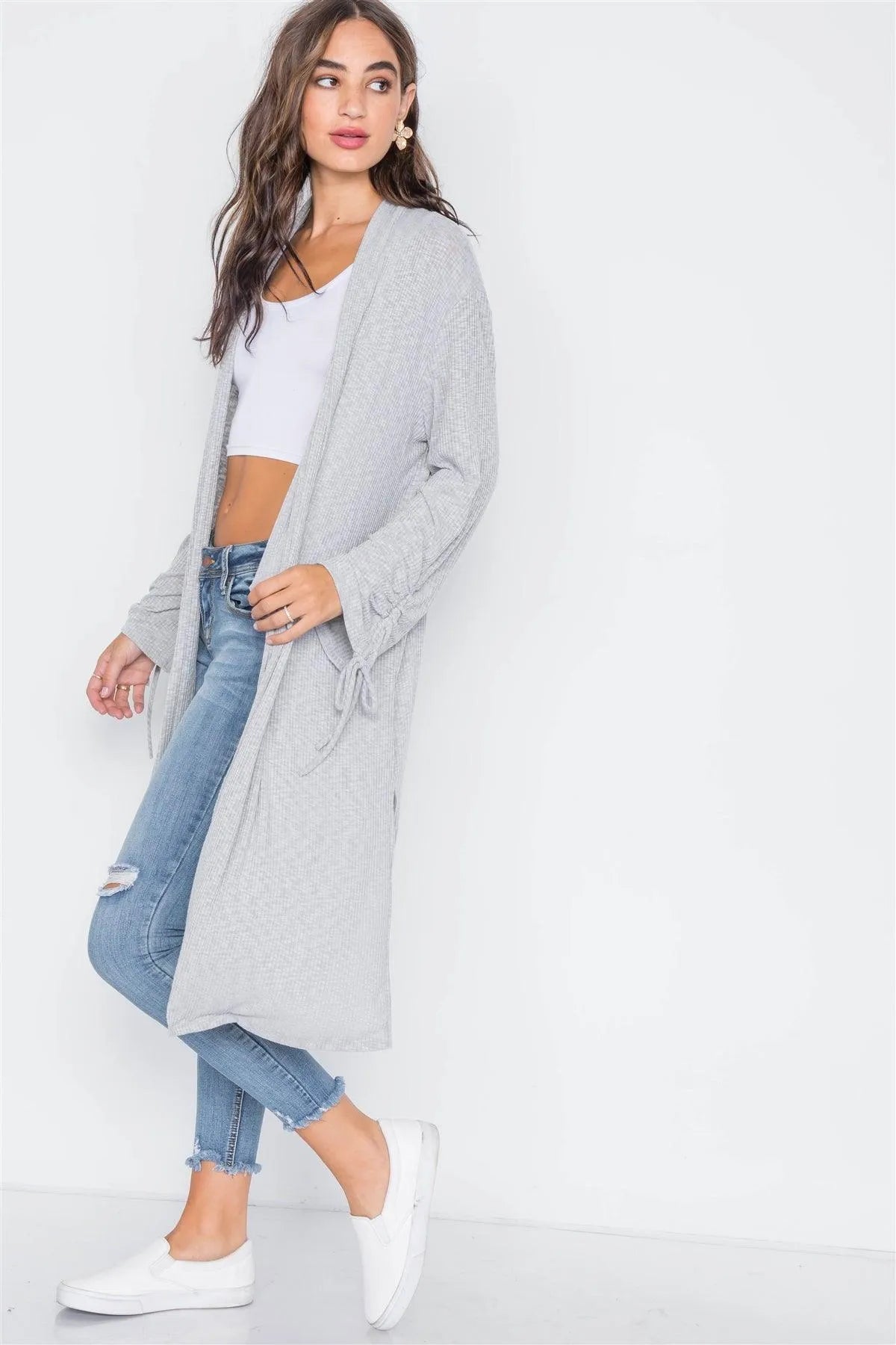 Heather Grey Ribbed Knit Open Front Cardigan / 2-2-2 - Tasha Apparel Wholesale