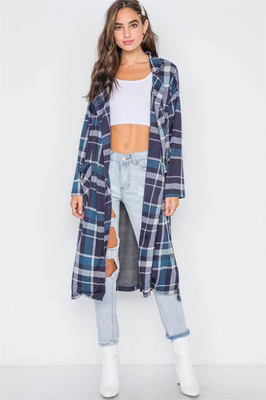 Navy Blue Knit Plaid Trench Coat Cardigan - Tasha Apparel Wholesale