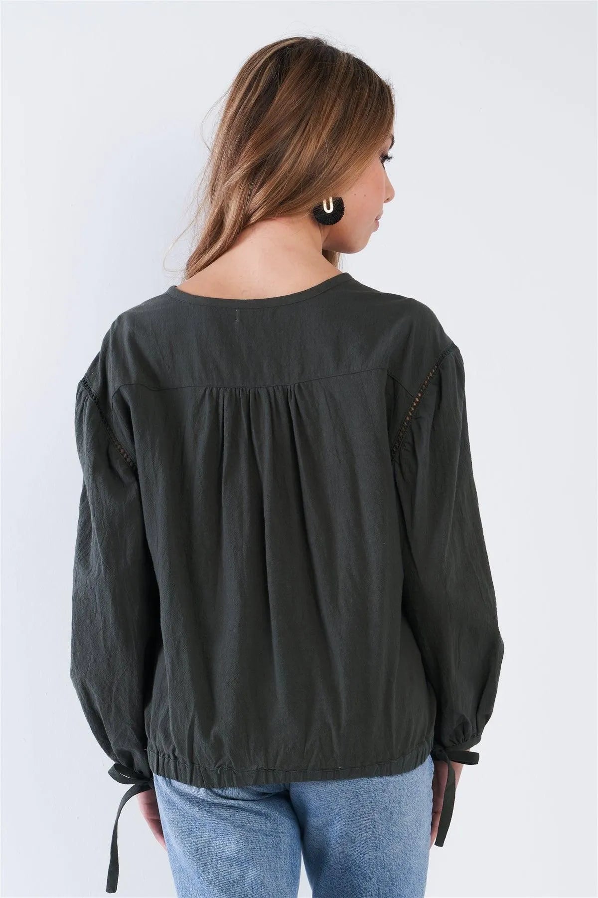Olive Long Sleeve Crochet Detail Button Up Top /2-2-2 - Tasha Apparel Wholesale