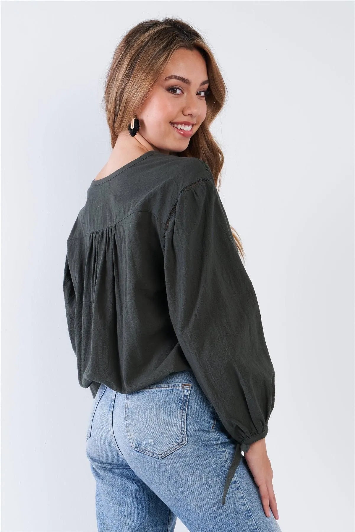 Olive Long Sleeve Crochet Detail Button Up Top /2-2-2 - Tasha Apparel Wholesale