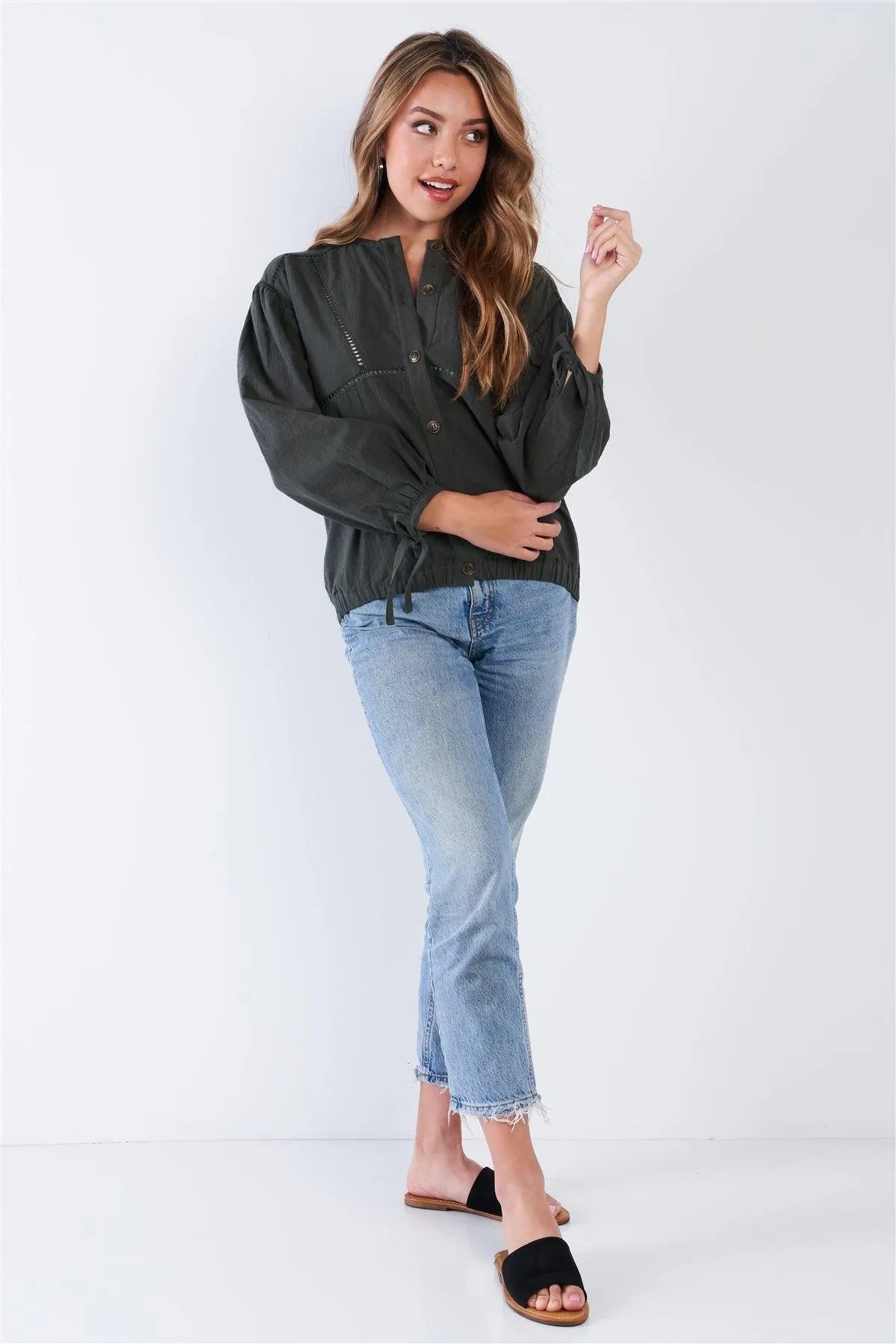 Olive Long Sleeve Crochet Detail Button Up Top /2-2-2 - Tasha Apparel Wholesale