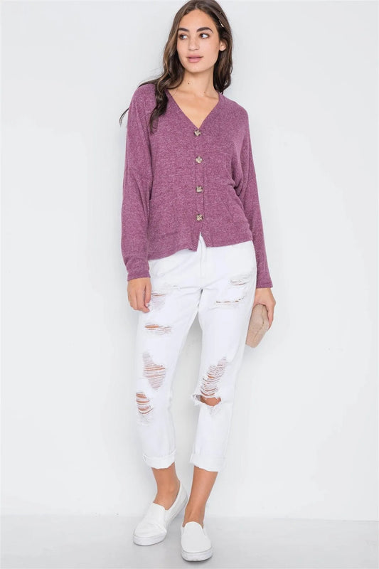 Berry Long Sleeve Knit Button-Front Combo Cardigan /2-2-1 - Tasha Apparel Wholesale