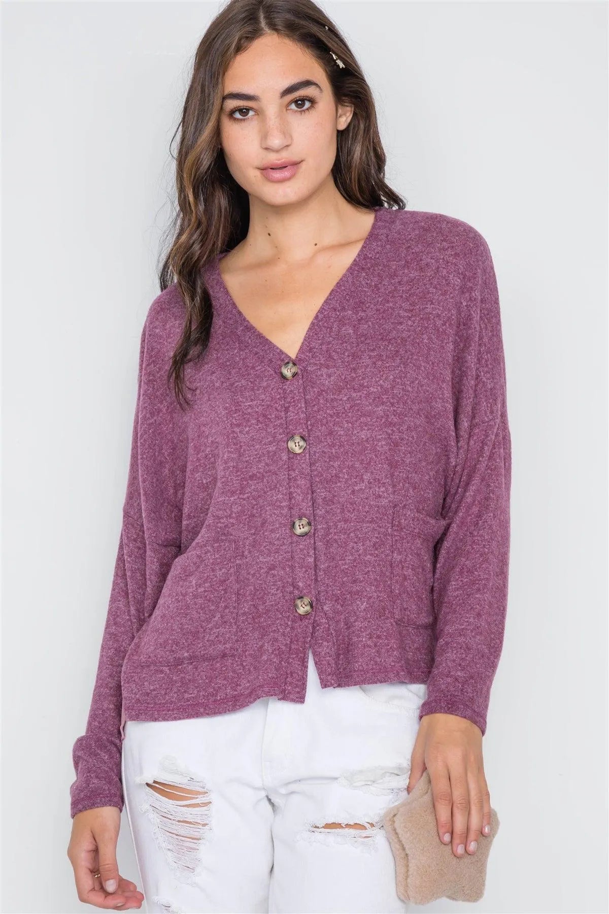 Berry Long Sleeve Knit Button-Front Combo Cardigan /2-2-1 - Tasha Apparel Wholesale