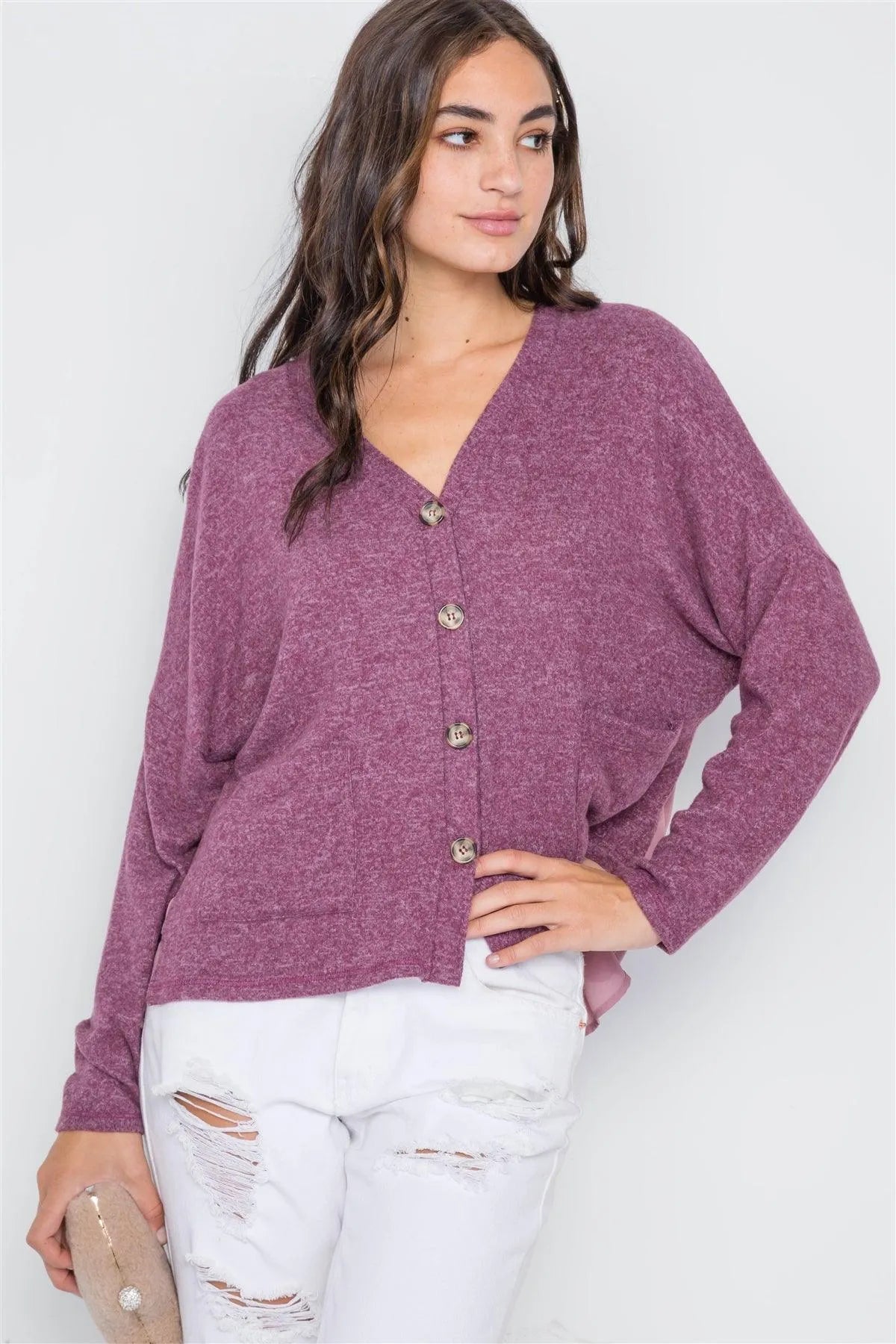 Berry Long Sleeve Knit Button-Front Combo Cardigan /2-2-2 - Tasha Apparel Wholesale
