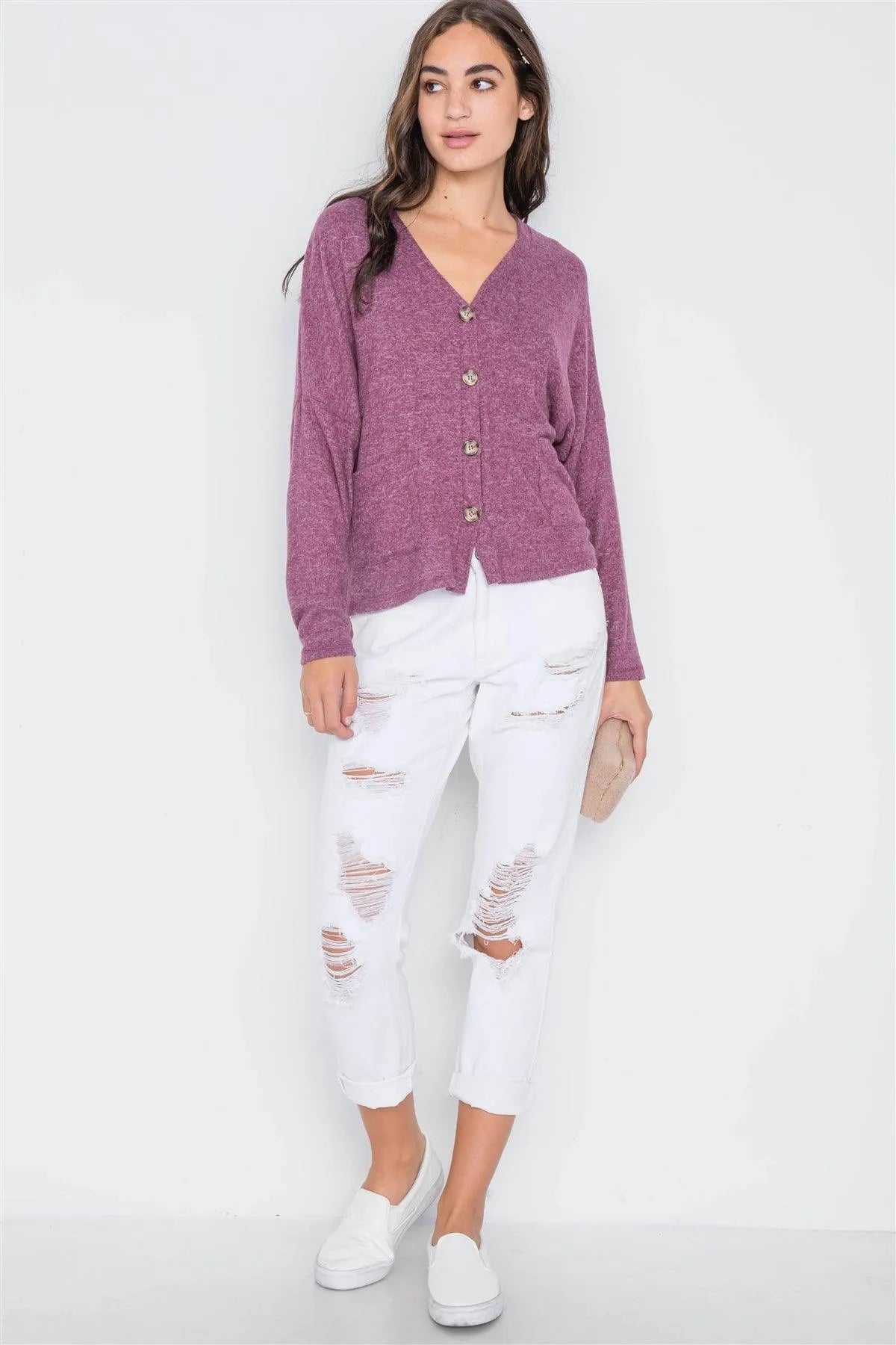 Berry Long Sleeve Knit Button-Front Combo Cardigan /2-2-2 - Tasha Apparel Wholesale