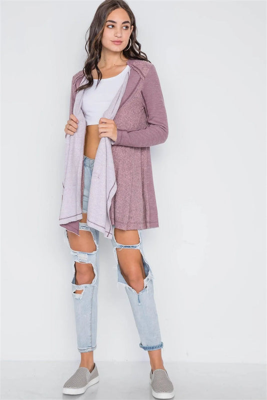 Mauve Knit Draped Front Long Sleeve Cardigan /2-2-3 - Tasha Apparel Wholesale