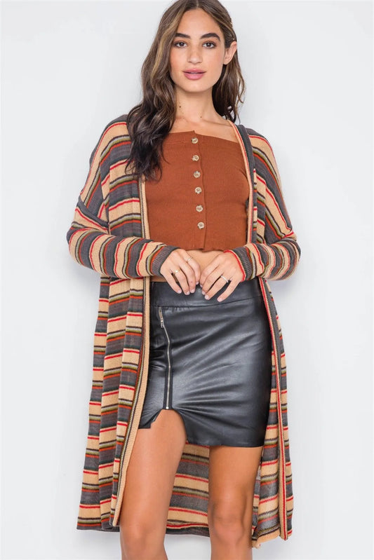 Tan Multi Open Front Long Sleeve Cardigan - Tasha Apparel Wholesale