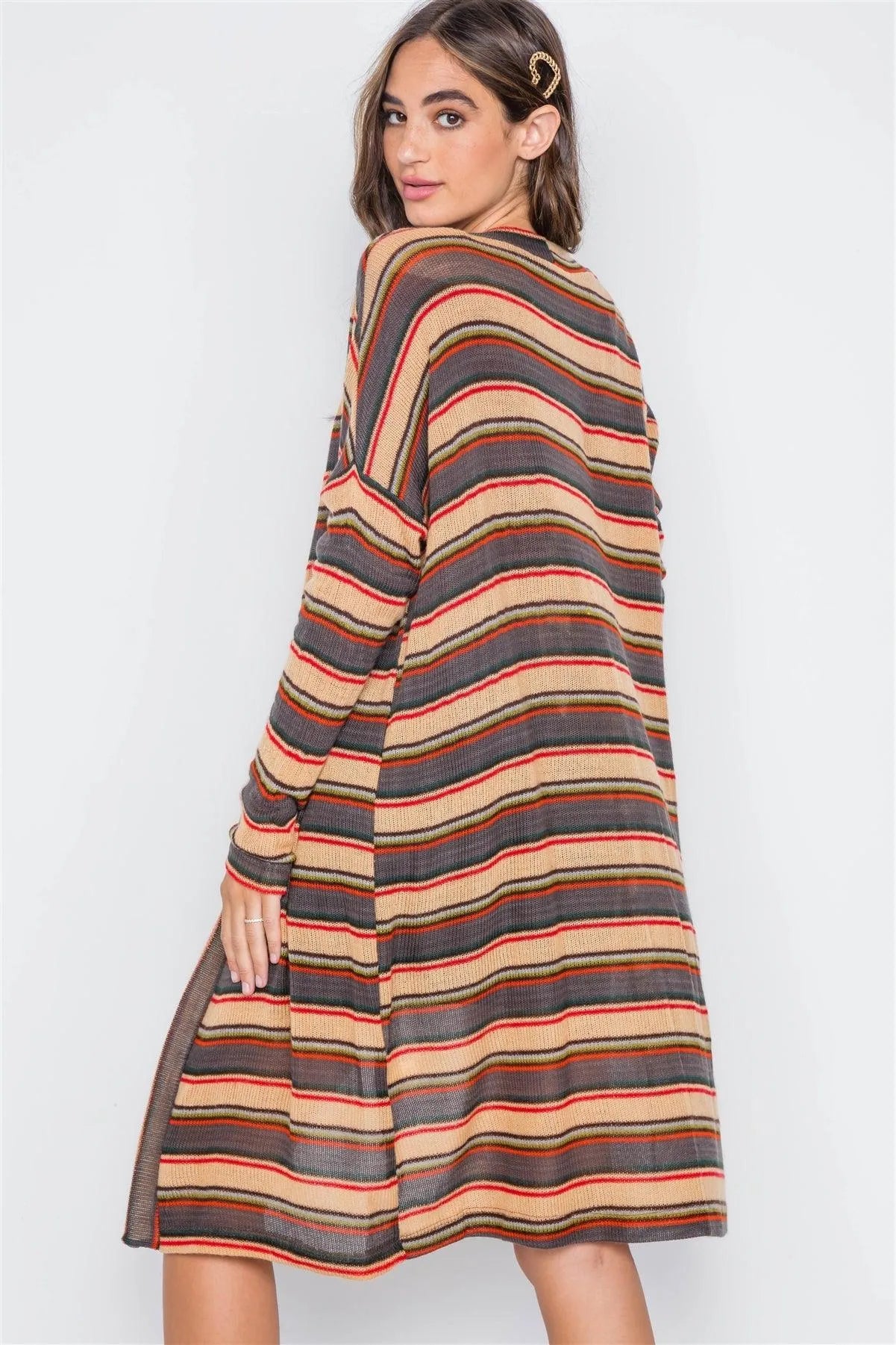 Tan Multi Open Front Long Sleeve Cardigan - Tasha Apparel Wholesale