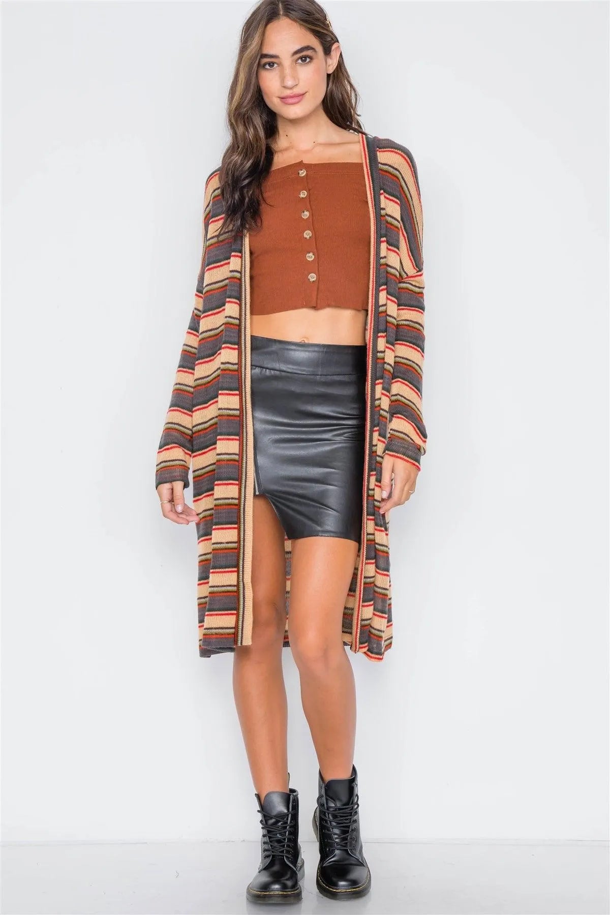 Tan Multi Open Front Long Sleeve Cardigan - Tasha Apparel Wholesale