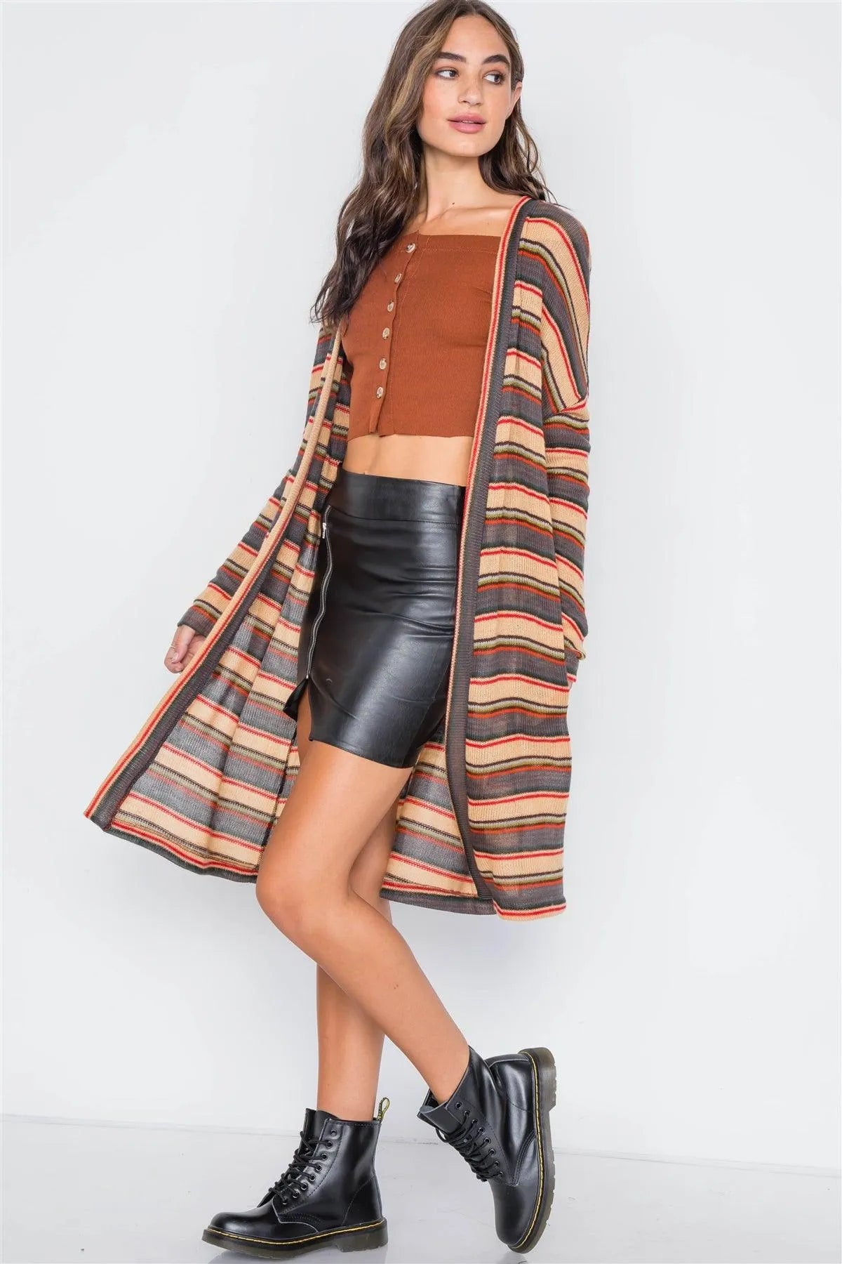 Tan Multi Open Front Long Sleeve Cardigan - Tasha Apparel Wholesale